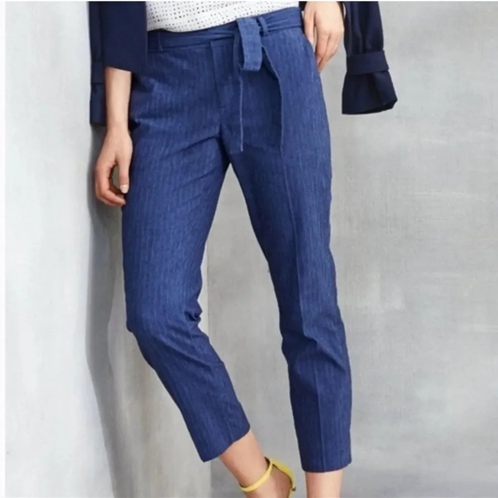 Banana Republic Avery Fit Tie-Waist Pinstripe Pants Women 0P Blue Crop Beachy